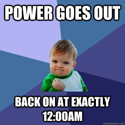 Power goes out Back on at exactly 12:00AM  Success Kid