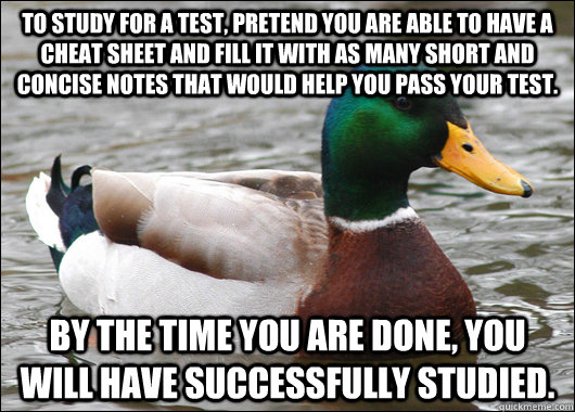 To study for a test, pretend you are able to have a cheat sheet and fill it with as many short and concise notes that would help you pass your test.  By the time you are done, you will have successfully studied.  Actual Advice Mallard
