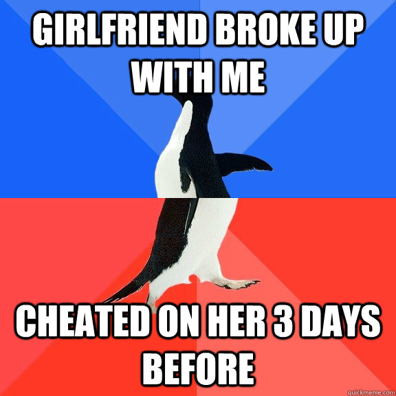 Girlfriend broke up with me cheated on her 3 days before  Socially Awkward Awesome Penguin