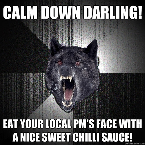 calm down darling! eat your local pm's face with a nice sweet chilli sauce!  Insanity Wolf