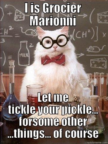 I IS GROCIER MARIONNI LET ME TICKLE YOUR PICKLE... FORSOME OTHER ...THINGS... OF COURSE Chemistry Cat
