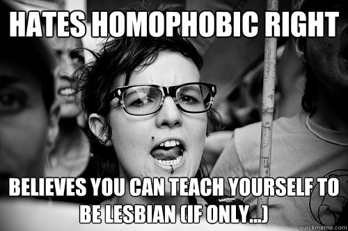 hates homophobic right believes you can teach yourself to be lesbian (if only...)  Hypocrite Feminist