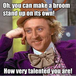 Oh, you can make a broom stand up on its own! How very talented you are!  Condescending Wonka