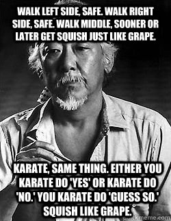 Walk left side, safe. Walk right side, safe. Walk middle, sooner or later get squish just like grape.  Karate, same thing. Either you karate do 'yes' or karate do 'no.' You karate do 'guess so.' Squish like grape. - Walk left side, safe. Walk right side, safe. Walk middle, sooner or later get squish just like grape.  Karate, same thing. Either you karate do 'yes' or karate do 'no.' You karate do 'guess so.' Squish like grape.  Mr Miyagi