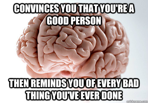 Convinces you that you're a good person Then reminds you of every bad thing you've ever done  Scumbag Brain