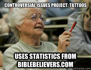 controversial issues project: tattoos uses statistics from biblebelievers.com  Senior College Student