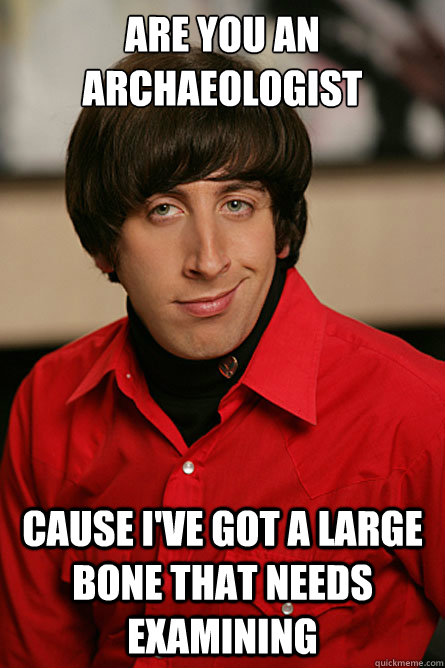 are you an archaeologist cause i've got a large bone that needs examining - are you an archaeologist cause i've got a large bone that needs examining  Pickup Line Scientist