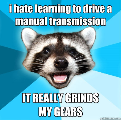 i hate learning to drive a manual transmission IT REALLY GRINDS
MY GEARS  Lame Pun Coon