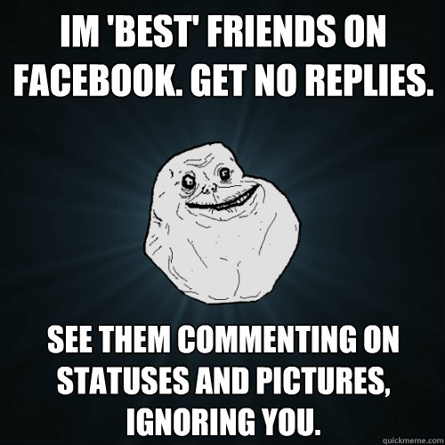IM 'best' friends on facebook. Get no replies. See them commenting on statuses and pictures, ignoring you.  Forever Alone