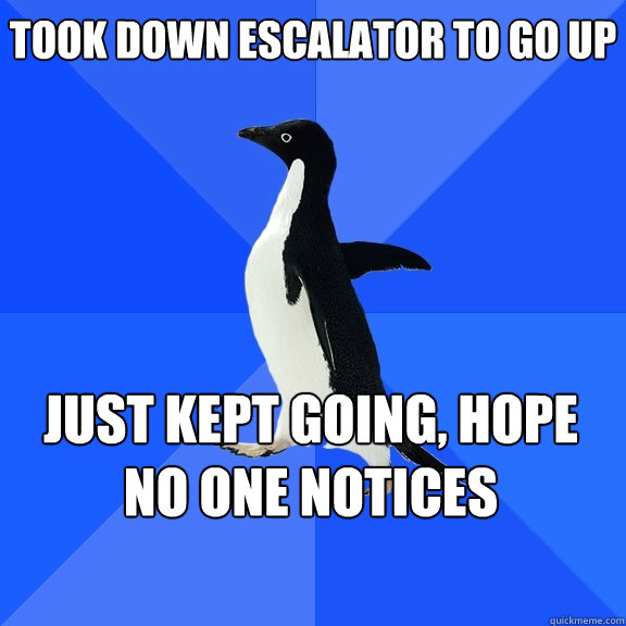 Took down escalator to go up Just kept going, hope no one notices    Socially Awkward Penguin