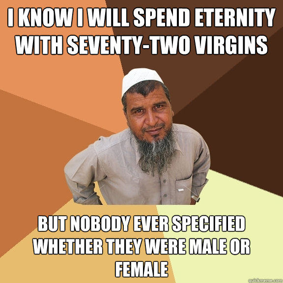 i know i will spend eternity with seventy-two virgins But nobody ever specified whether they were male or female  Ordinary Muslim Man