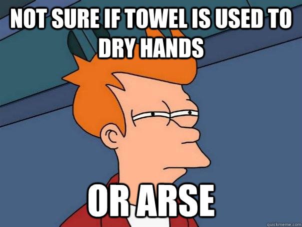 Not sure if towel is used to dry hands Or arse  Futurama Fry
