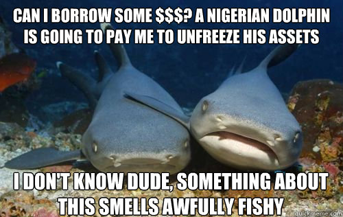 Can i borrow some $$$? A nigerian dolphin is going to pay me to unfreeze his assets I don't know dude, something about this smells awfully fishy  Compassionate Shark Friend