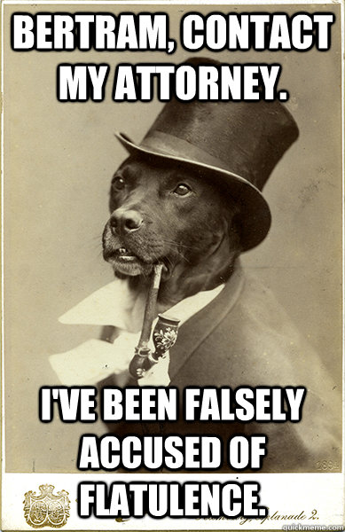 Bertram, contact my attorney. I've been falsely accused of flatulence. - Bertram, contact my attorney. I've been falsely accused of flatulence.  Old Money Dog