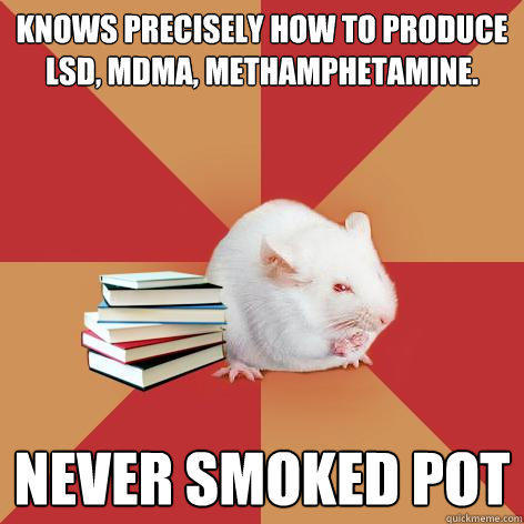 knows precisely how to produce lsd, mdma, methamphetamine. never smoked pot  Science Major Mouse