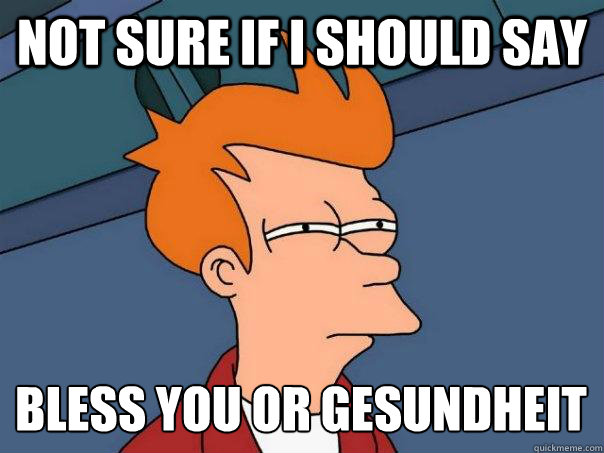 Not sure if I should say Bless you or gesundheit
  Futurama Fry