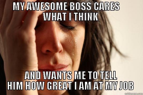 MY AWESOME BOSS CARES      WHAT I THINK AND WANTS ME TO TELL HIM HOW GREAT I AM AT MY JOB First World Problems