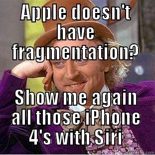 APPLE DOESN'T HAVE FRAGMENTATION? SHOW ME AGAIN ALL THOSE IPHONE 4'S WITH SIRI Condescending Wonka