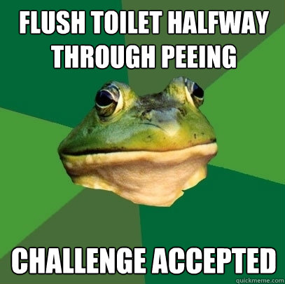 Flush toilet halfway through peeing Challenge accepted  Foul Bachelor Frog