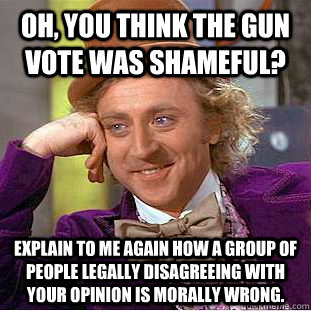 Oh, you think the gun vote was shameful? Explain to me again how a group of people legally disagreeing with your opinion is morally wrong.  - Oh, you think the gun vote was shameful? Explain to me again how a group of people legally disagreeing with your opinion is morally wrong.   Condescending Wonka