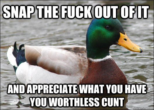 snap the fuck out of it and appreciate what you have you worthless cunt - snap the fuck out of it and appreciate what you have you worthless cunt  Actual Advice Mallard