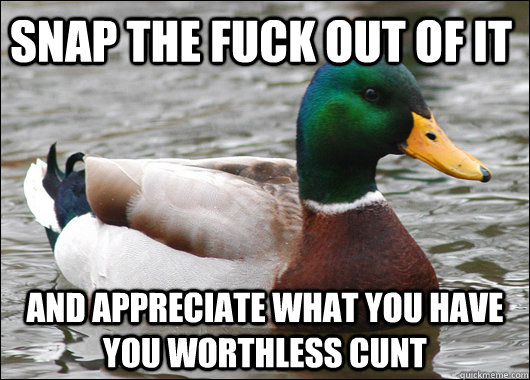 snap the fuck out of it and appreciate what you have you worthless cunt  Actual Advice Mallard