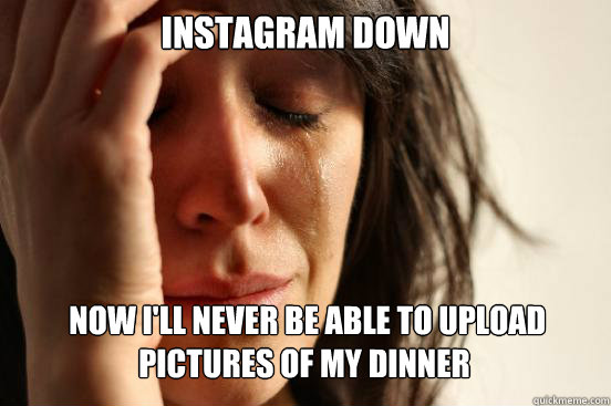 Instagram down
  now i'll never be able to upload pictures of my dinner   First World Problems