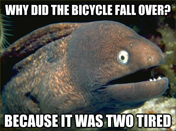 why did the bicycle fall over? because it was two tired  Bad Joke Eel