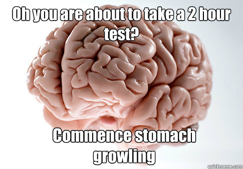 Oh you are about to take a 2 hour test? Commence stomach growling  Scumbag Brain