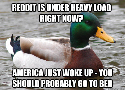 Reddit is under heavy load right now? America just woke up - You should probably go to bed  Actual Advice Mallard
