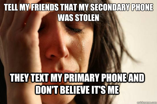 tell my friends that my secondary phone was stolen they text my primary phone and don't believe it's me  First World Problems
