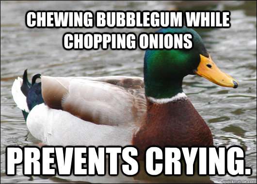 Chewing bubblegum while chopping onions prevents crying.   Actual Advice Mallard