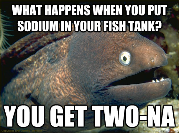 What happens when you put sodium in your fish tank? You get two-na  Bad Joke Eel