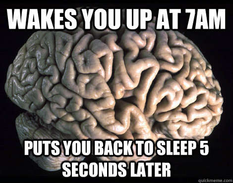 wakes you up at 7am  puts you back to sleep 5 seconds later  Good Guy Brain