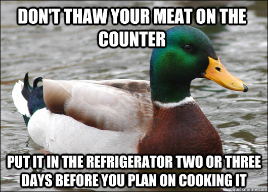 Don't thaw your meat on the counter Put it in the refrigerator two or three days before you plan on cooking it   Actual Advice Mallard
