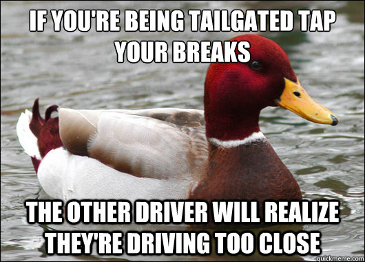 If you're being tailgated tap your breaks
 The other driver will realize they're driving too close  Malicious Advice Mallard