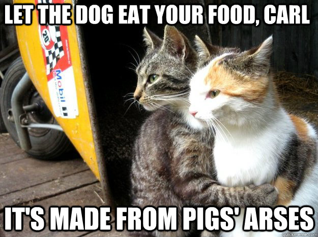 let the dog eat your food, Carl it's made from pigs' arses  Restraining Cat