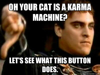oh your cat is a karma machine? let's see what this button does.   Downvoting Roman