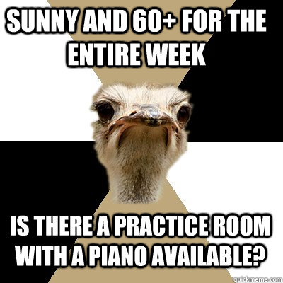 Sunny and 60+ for the entire week Is there a practice room with a piano available?  Music Major Ostrich