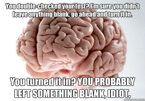 You double-checked your test? I'm sure you didn't leave anything blank, go ahead and turn it in.  You turned it in? YOU PROBABLY LEFT SOMETHING BLANK, IDIOT.    Scumbag Brain