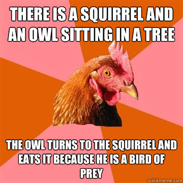 There is a squirrel and an owl sitting in a tree the owl turns to the squirrel and eats it because he is a bird of prey  Anti-Joke Chicken