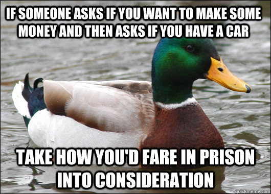 if someone asks if you want to make some money and then asks if you have a car take how you'd fare in prison into consideration   Actual Advice Mallard