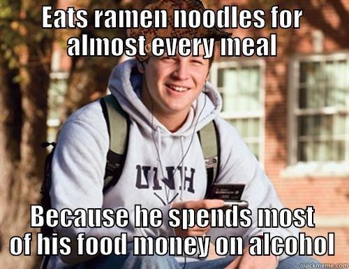 EATS RAMEN NOODLES FOR ALMOST EVERY MEAL BECAUSE HE SPENDS MOST OF HIS FOOD MONEY ON ALCOHOL College Freshman
