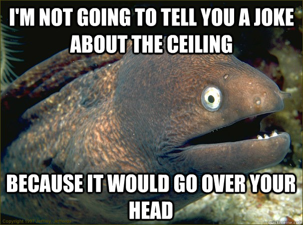I'm not going to tell you a joke about the ceiling Because it would go over your head  Bad Joke Eel