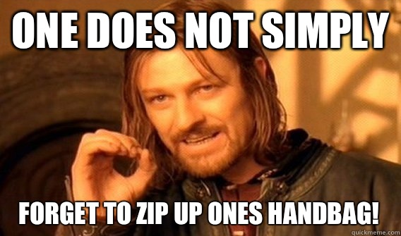 ONE DOES NOT SIMPLY FORGET TO ZIP UP ONES HANDBAG!   One Does Not Simply
