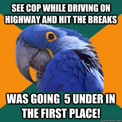 See cop while driving on highway and hit the breaks Was going  5 under in the first place!  Paranoid Parrot