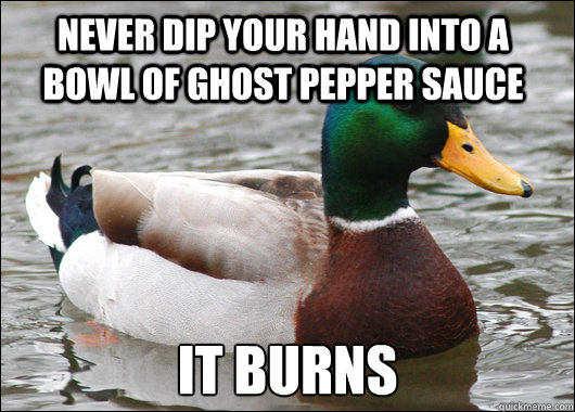 Never dip your hand into a bowl of ghost pepper sauce It burns  Actual Advice Mallard