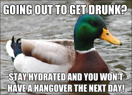 Going out to get drunk? Stay hydrated and you won't have a hangover the next day!  Actual Advice Mallard