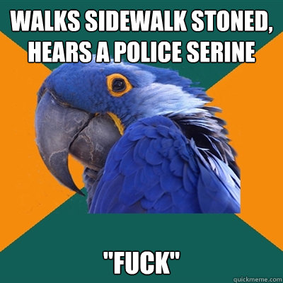 walks sidewalk stoned, hears a police serine  
