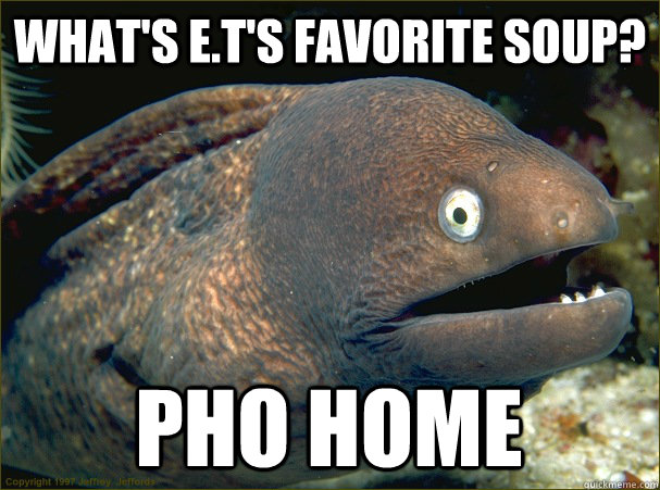 What's E.T's favorite soup? Pho home  Bad Joke Eel